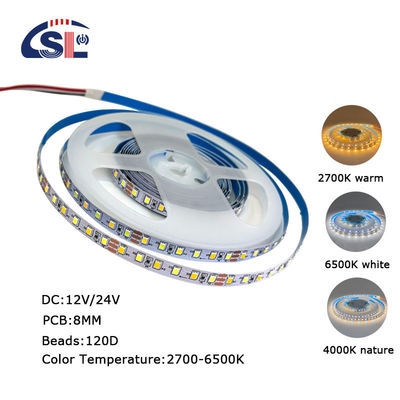 CCT 12V24V 8mm 120leds 3000K-6500K Гибкая двойная цветовая электропластина SMD2835 светодиодная полоса света