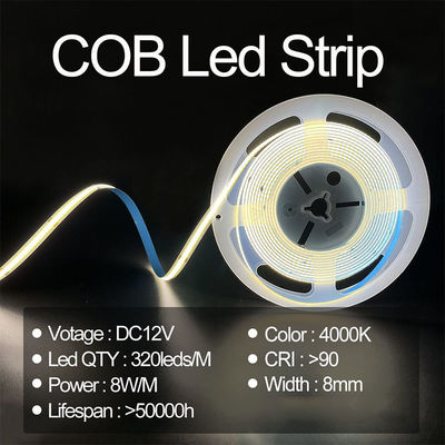 Высокий лумен COB светодиодный световой свет CE RoHs IP20 8 мм ширина 12V 24V 4000K Nature Lighting Strip