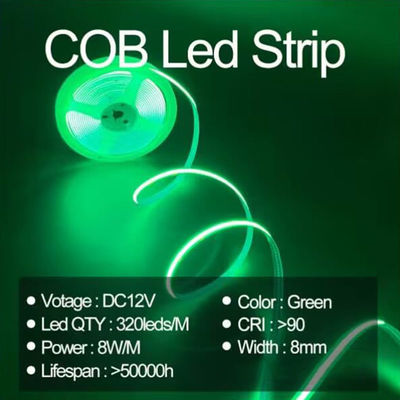 водонепроницаемый зеленый гибкий полосатый свет высокая плотность COB LED CE RoHs IP20 Ra90 8 мм ширина 12V24V 320Leds