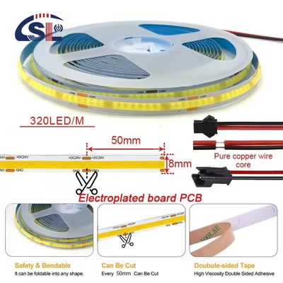 Не водонепроницаемая 24v COB 320Ds 8mm Ra 80 CCT Трицветная светодиодная лента Cob