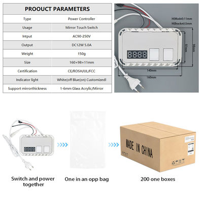 Интегрированный зеркальный сенсорный диммерный переключатель 2 Gang Time Temperature Display Defogger Индуктивные переключатели 12V 5A 60W